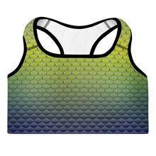 Load image into Gallery viewer, Green, Yellow, and Blue Mermaid Life Sports Bra